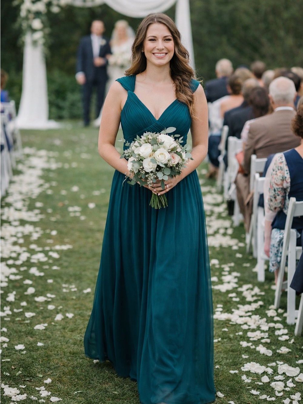 Azazie Teal V‑Neck Pleated Bridesmaid Gown –(NWT) Size A10